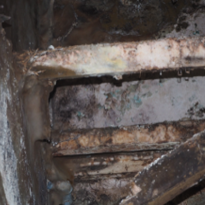 Solaio di un hotel in stile Art Nouveau disabitato crollato a causa di marcescenza e di attacco da funghi. Il crollo ha danneggiato anche i rivestimenti ceramici delle pareti. Markus Durrer, IBH Expertenstelle Chur