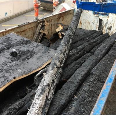 Travi lignee parzialmente carbonizzate e non contaminate da amianto all’interno di una benna (frazione grossolana), Markus Durrer, IBH Expertenstelle Chur